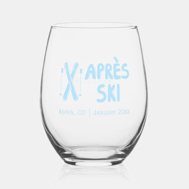 Blue Apres Ski Bachelorette Party Stemless Wine Glass (Front)