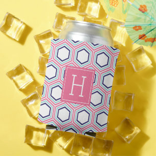 Blue Aqua and Pink Honeycomb Pattern Monogrammed Can Cooler