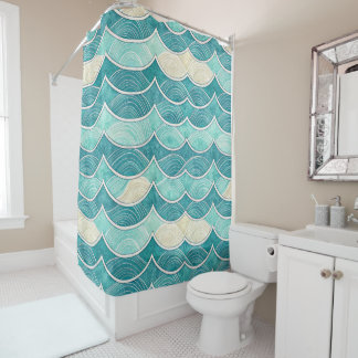 BLUE AQUA AND WHITE ROLLING WAVES SHOWER CURTAIN