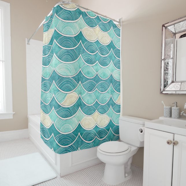 BLUE AQUA AND WHITE ROLLING WAVES SHOWER CURTAIN (In Situ)