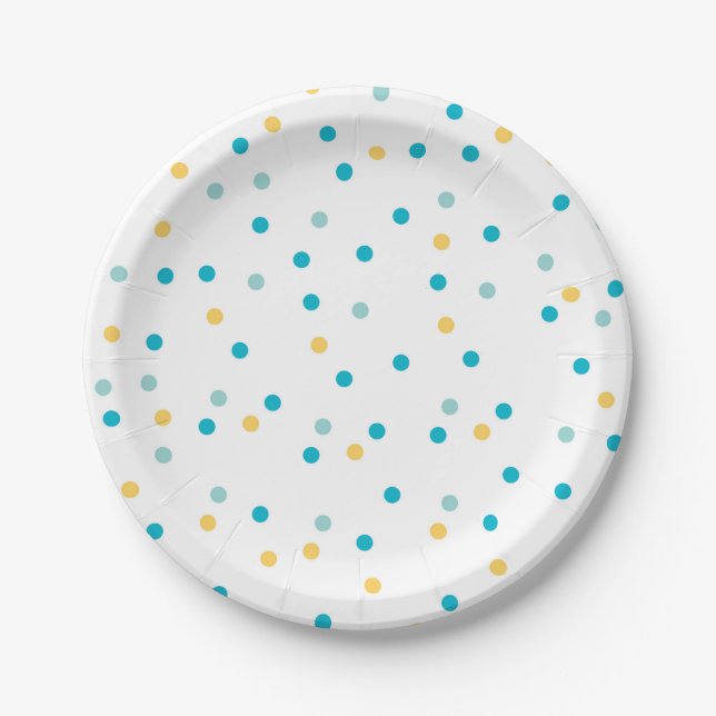 Blue, aqua and yellow spotty party plates (Front)
