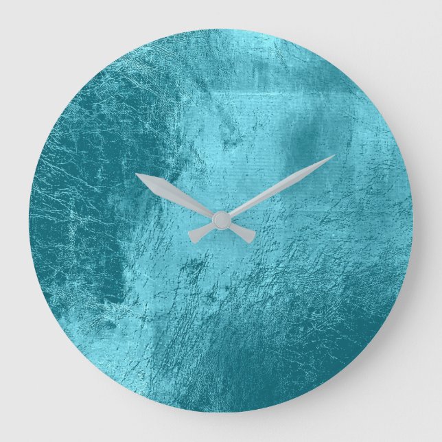 Blue Aqua Blue Metallic Glass Grey Minimal Large Clock (Front)