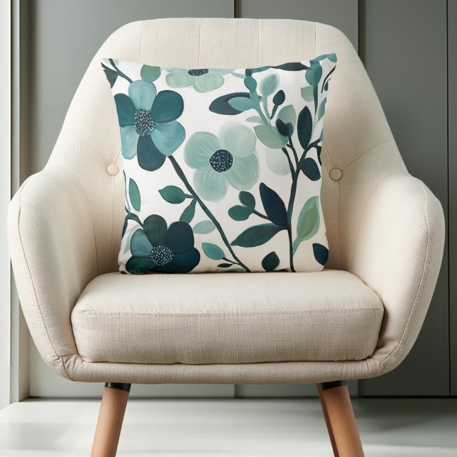 Blue Aqua Floral Vines on White Elegant Design Cushion (Creator Uploaded)