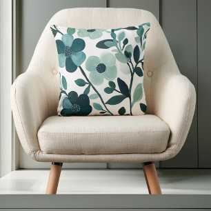 Blue Aqua Floral Vines on White Elegant Design Cushion