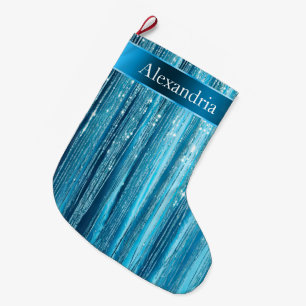 Blue Aqua Glam Glitz Christmas Name Large Christmas Stocking