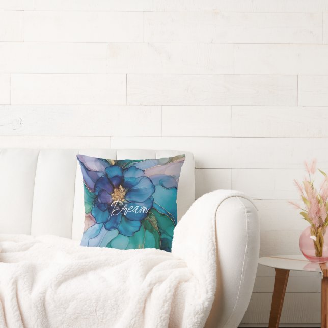 Blue Aqua Gold Floral Cushion (Couch)