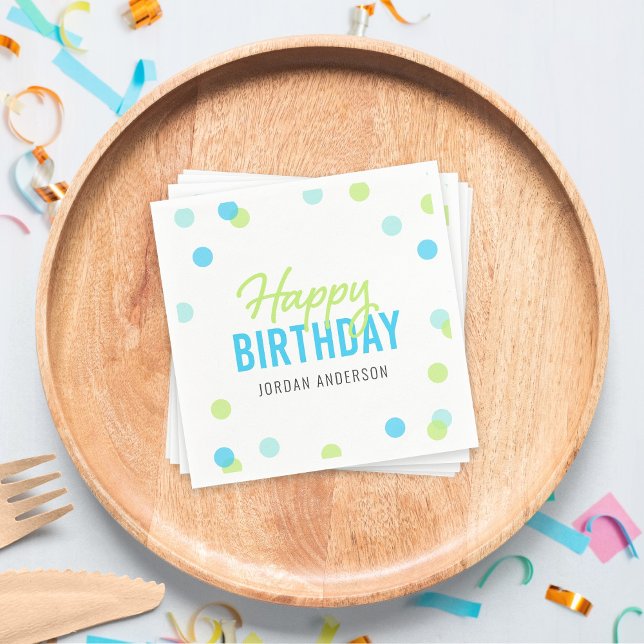 Blue Aqua Green Confetti Happy Birthday Napkin (Creator Uploaded)