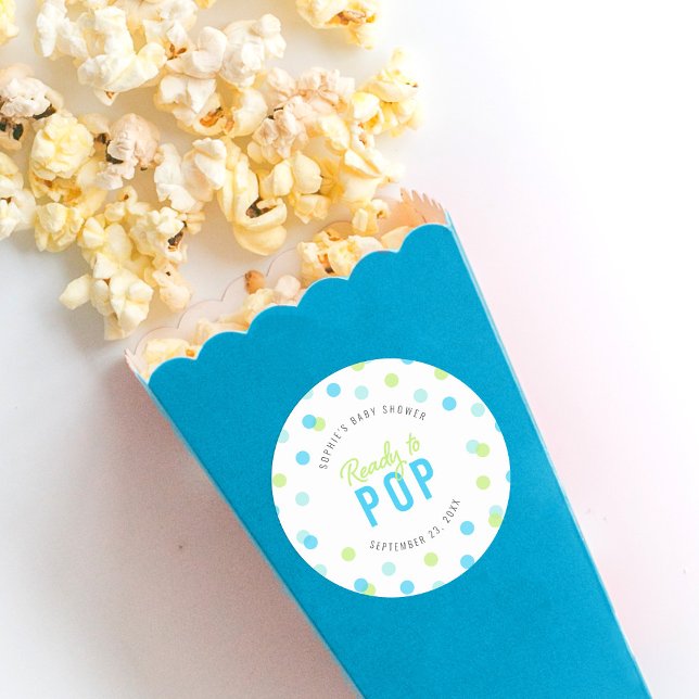 Blue Aqua Green Confetti Ready to Pop Baby Shower Classic Round Sticker (Creator Uploaded)