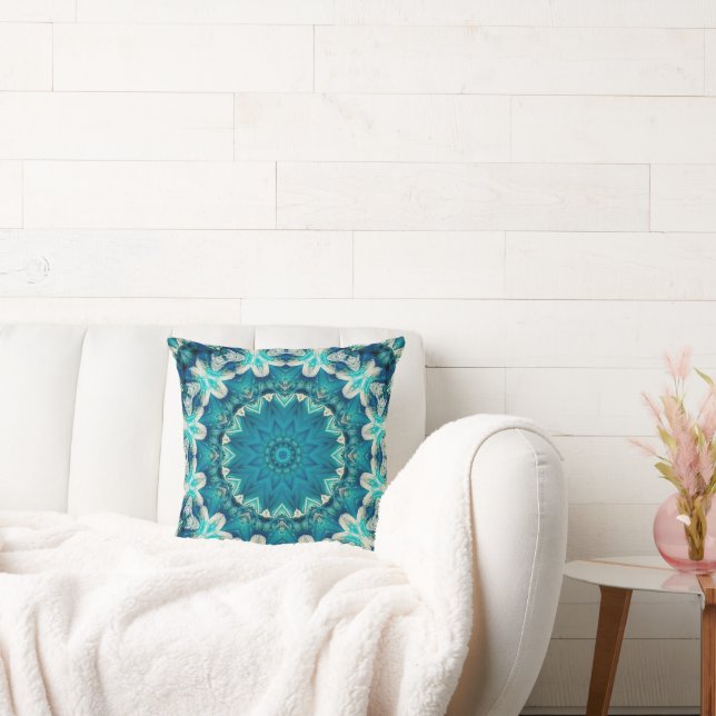 Blue Aqua Mandala Rosette Retro Hippie Cushion (Couch)
