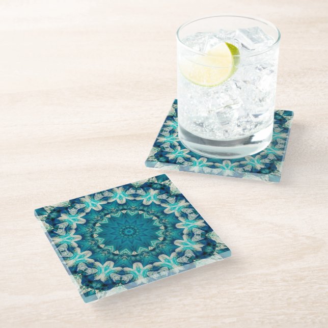 Blue Aqua Mandala Rosette Retro Hippie Glass Coaster (Angled)