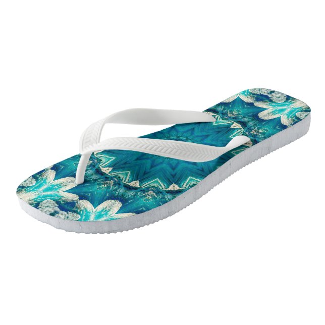 Blue Aqua Mandala Rosette Retro Hippie Jandals (Angled)