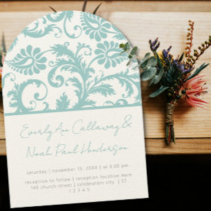 Blue Aqua Mint Green Victorian Damask Wedding Invitation