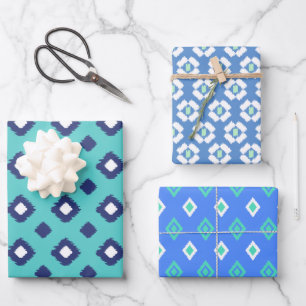 Blue, Aqua & Mint Tribal Diamond Ikat Pattern  Wrapping Paper Sheet