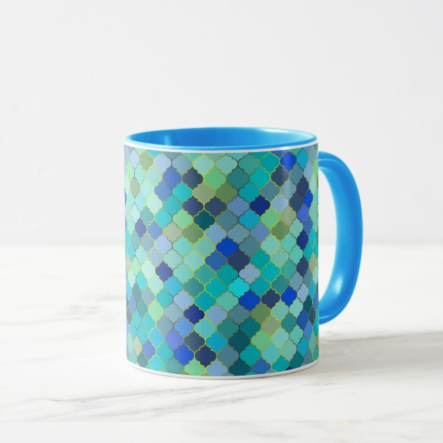 Blue Aqua Moroccan Mosaic Pattern Mug (Front Right)