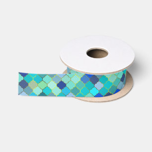 Blue Aqua Moroccan Mosaic Pattern Satin Ribbon