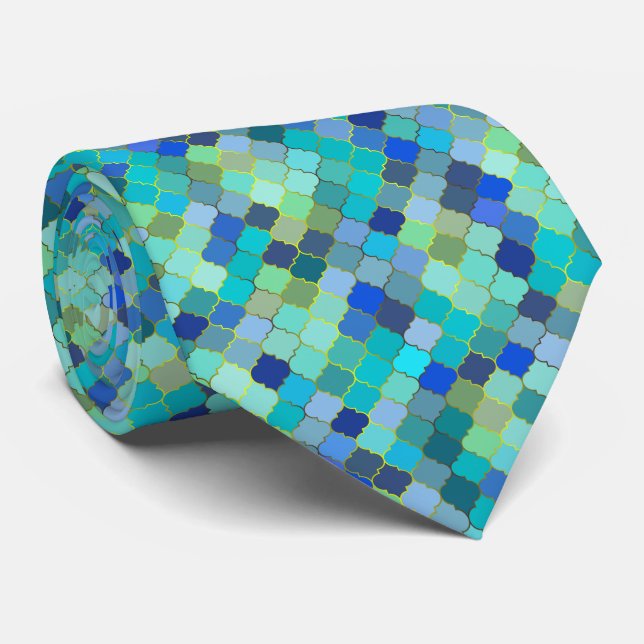 Blue Aqua Moroccan Mosaic Pattern Tie (Rolled)