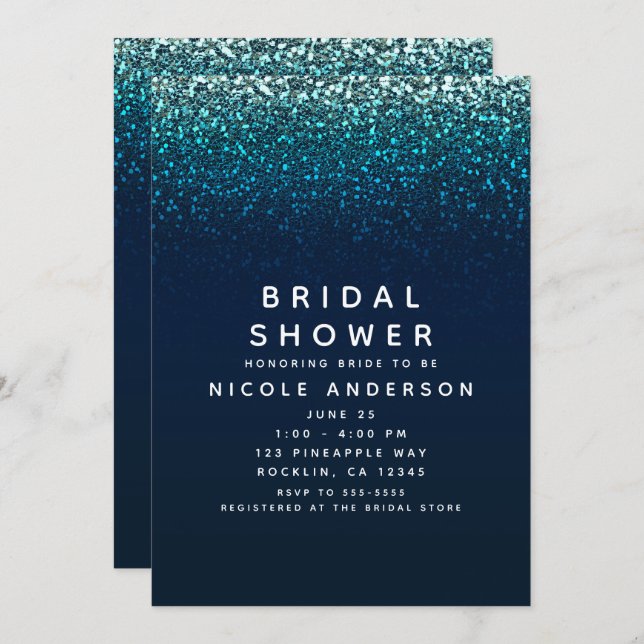 Blue Aqua Navy Glitter Sparkle Bridal Shower Invitation (Front/Back)