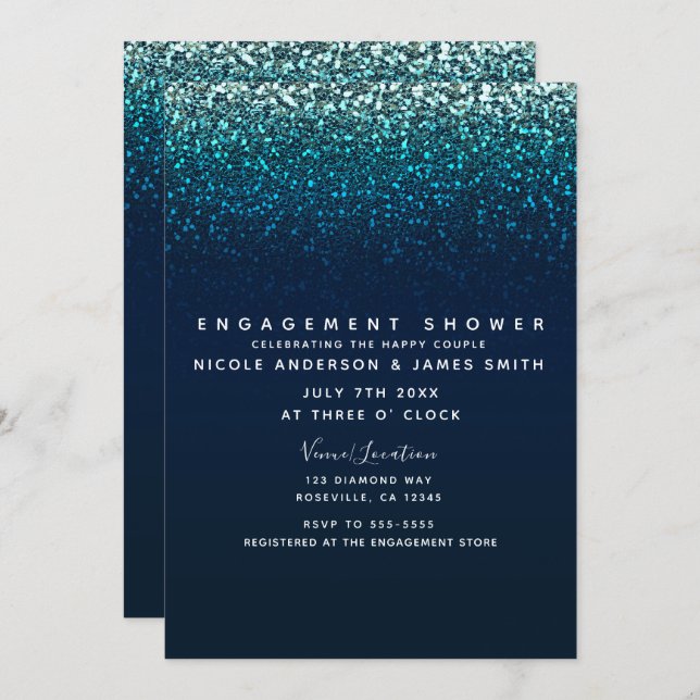 Blue Aqua Navy Glitter Sparkle Modern Engagement Invitation (Front/Back)