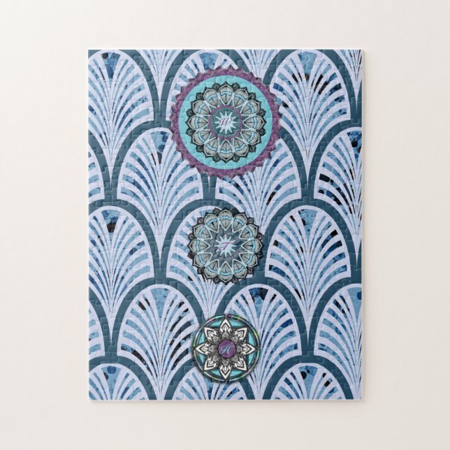 Blue Aqua Purple 3 Mandala Personalised Jigsaw Puzzle (Vertical)