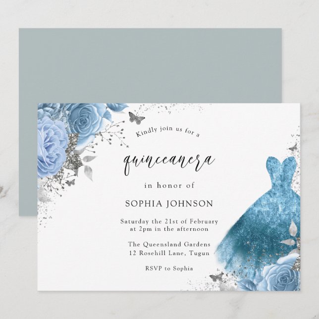 Blue Aqua Silver Dress & Flowers Quinceanera Invitation (Front/Back)