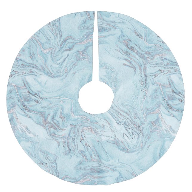Blue Aqua Silver Marble Swirls Christmas Brushed Polyester Tree Skirt (Front)
