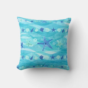 Blue Aqua Starfish Seashell Ocean Waves Coastal  Cushion