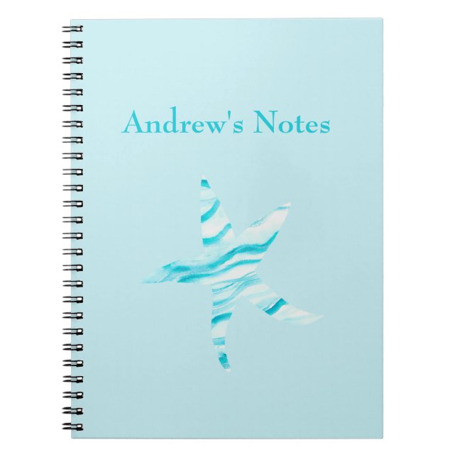 Blue-Aqua starfish wave-silhouette watercolor-name Notebook (Front)