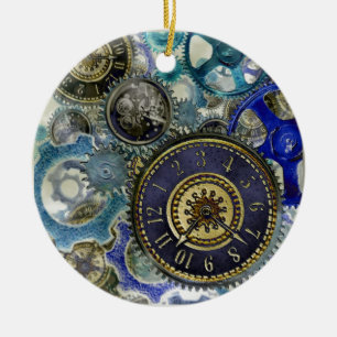 Blue aqua steampunk gears, cogs, clock faces print ceramic tree decoration