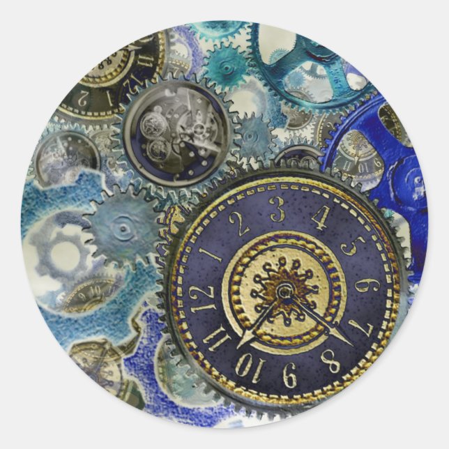 Blue aqua steampunk gears, cogs, clock faces print classic round sticker (Front)