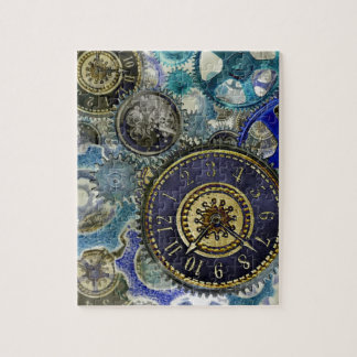 Blue aqua steampunk gears, cogs, clock faces print jigsaw puzzle