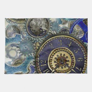 Blue aqua steampunk gears, cogs, clock faces print tea towel