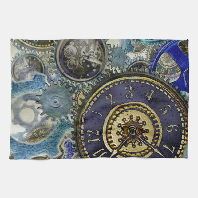 Blue aqua steampunk gears, cogs, clock faces print tea towel (Horizontal)