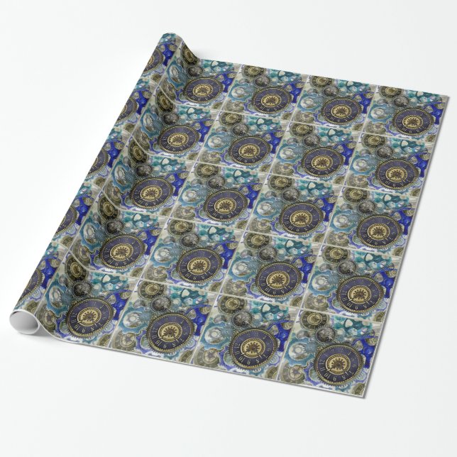 Blue aqua steampunk gears, cogs, clock faces print wrapping paper (Unrolled)