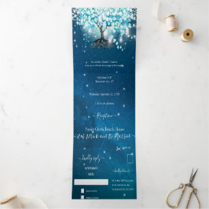 Blue Aqua Turquoise Heart Leaf Tree Wedding Tri-F Tri-Fold Invitation