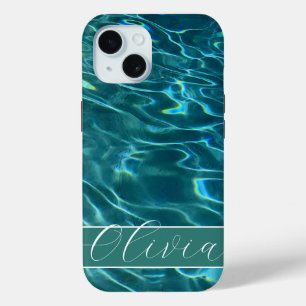Blue aqua Water Pattern ocean waves monogram iPhone 15 Case