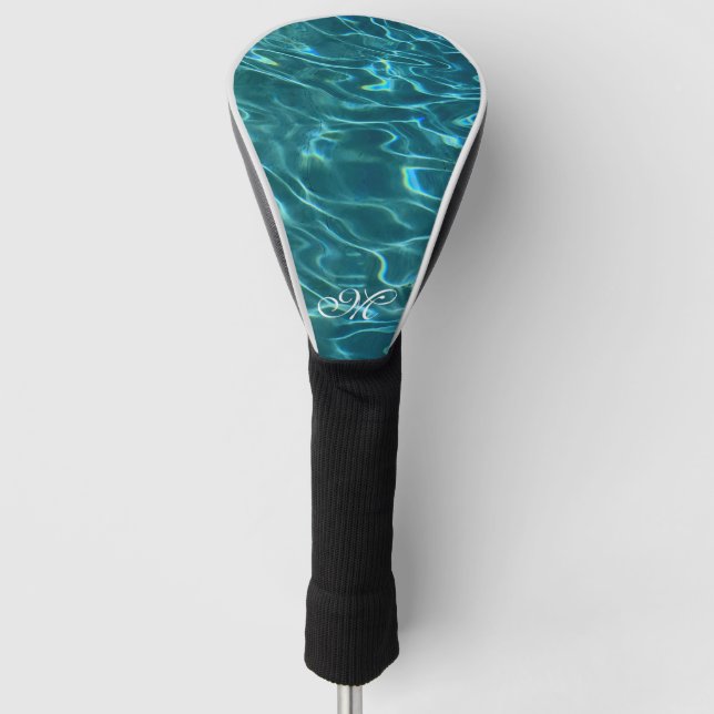 Blue aqua Water Pattern ocean waves monogram Golf Head Cover (Front)