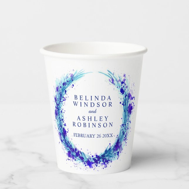 Blue aqua water splash watercolor wreath wedding paper cups (Front)
