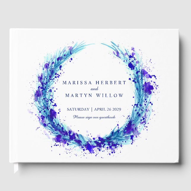 Blue aqua watercolor grass wedding guest book (Front)