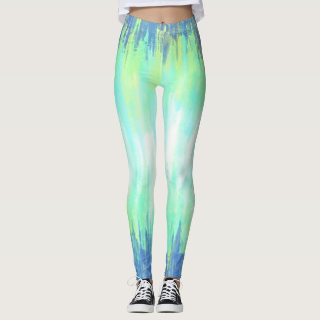Blue Aqua White Tie Dye   Leggings (Front)
