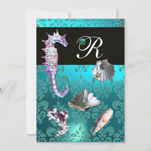 BLUE AQUAMARINE DAMASK BEACH WEDDING MONOGRAM INVITATION (Front)