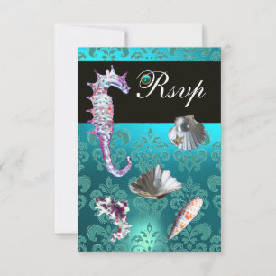 BLUE AQUAMARINE DAMASK BEACH WEDDING RSVP CARD