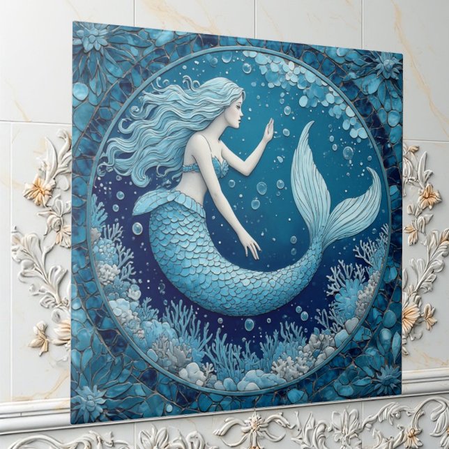 Blue Aquamarine Mermaid Ocean Bubble Mosaic Lustre Tile (Blue Aquamarine Mermaid Ocean Bubble Mosaic Lustre Ceramic Tile)