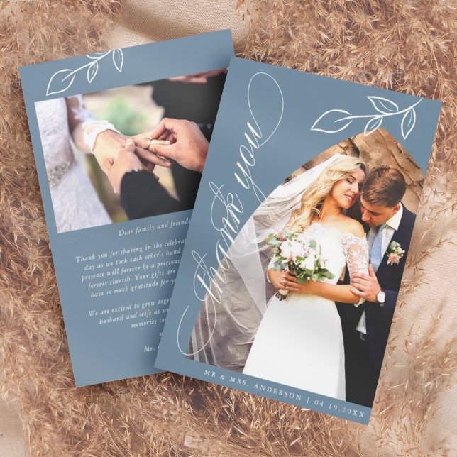 Blue Arch Botanical Leaf Wedding Thank You Card (Creator Uploaded)