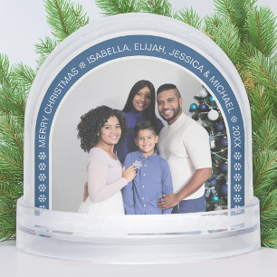Blue Arch Christmas Family Photo with Snowflakes Snowglobe