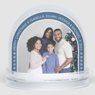 Blue Arch Christmas Family Photo with Snowflakes Snowglobe