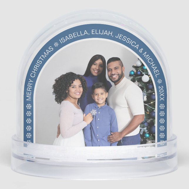 Blue Arch Christmas Family Photo with Snowflakes Snowglobe (Front)