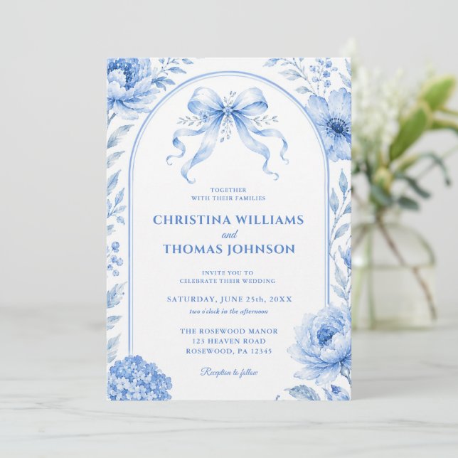 Blue Arch Floral Bow Wedding Invitation (Standing Front)