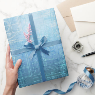 Blue Architectural Blueprint Pattern Gift Wrap