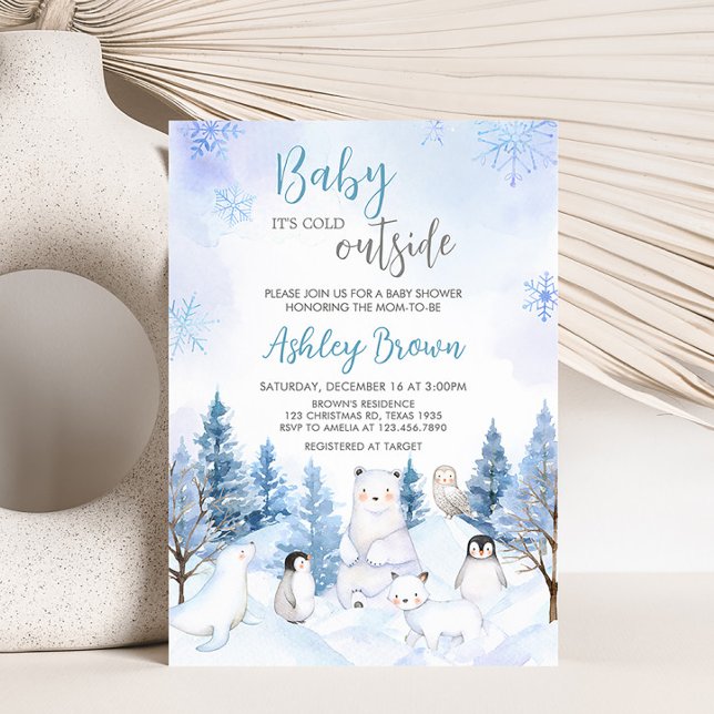 Blue Arctic Animals Baby Shower  Invitation (Blue Christmas Baby Shower Invitation)