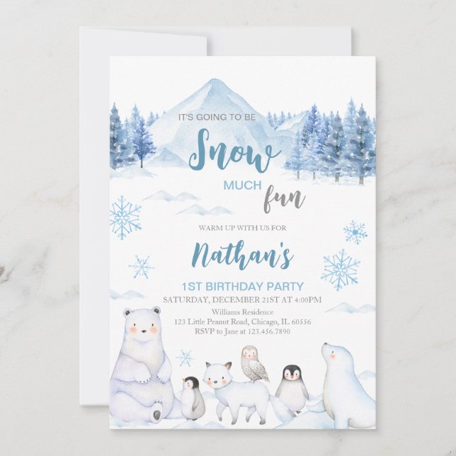Blue Arctic Animals Birthday Invitation (Front)